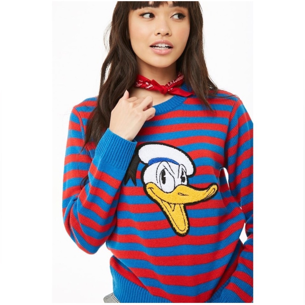 Forever21 x Disney Graphic Sweater Ducky Duck Striped Blue and Red Sweater New
